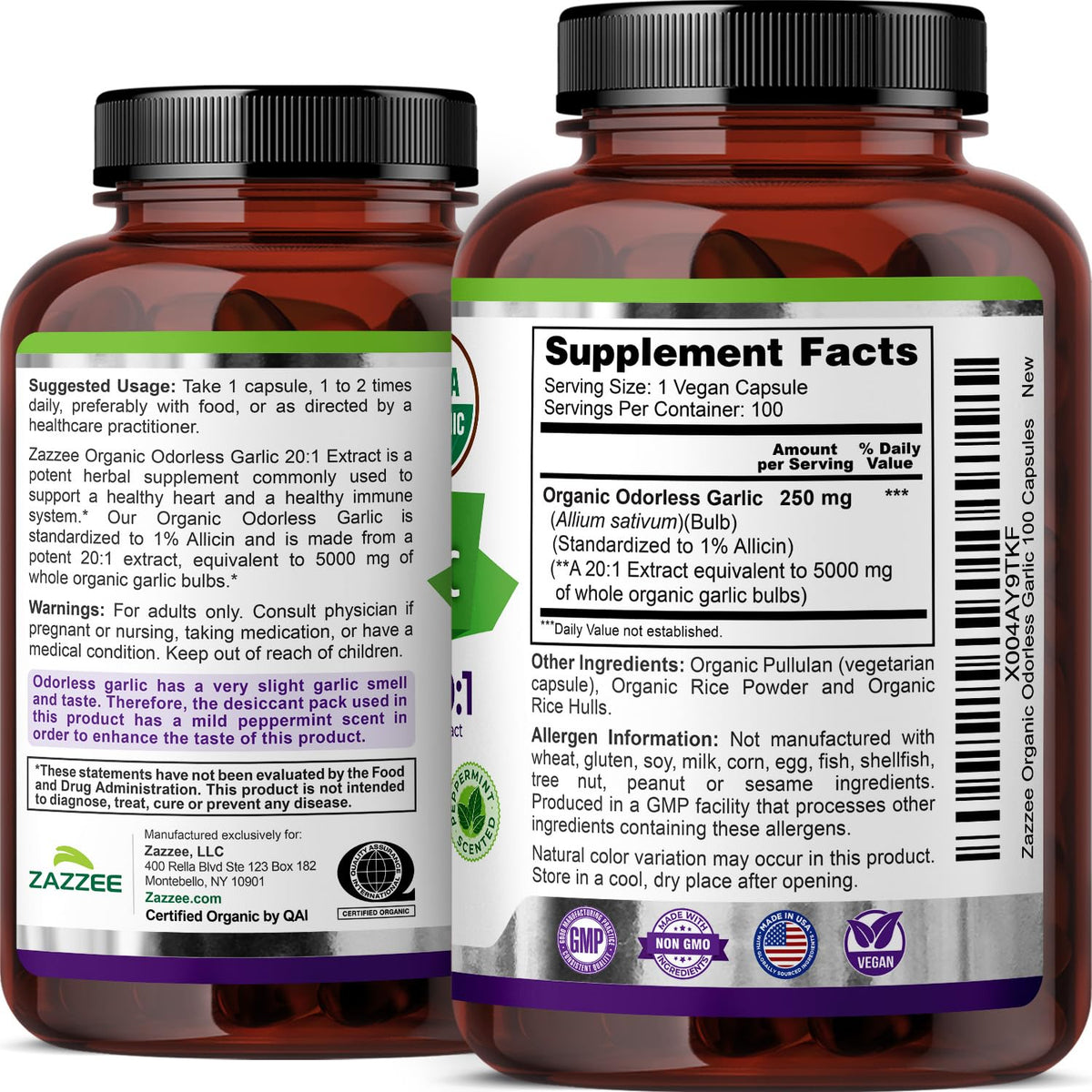 USA manufactured Zazzee Naturals garlic herbal formulation showcasing 3 month supply specifications.
