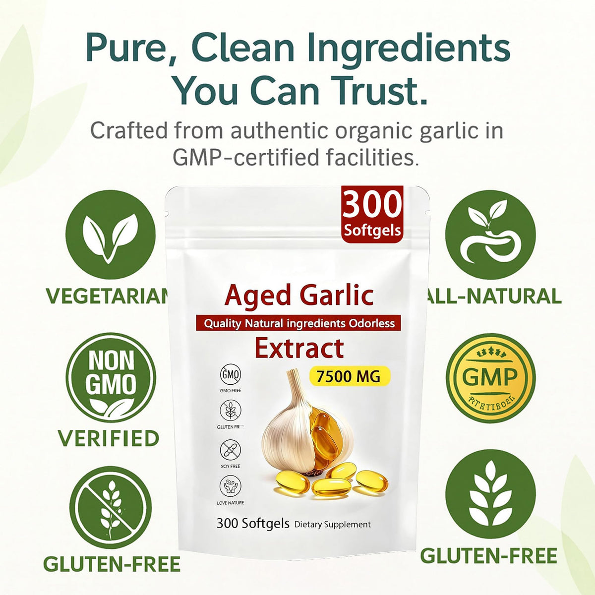 Odorless and gentle two year matured garlic extract capsules for immune system defense.