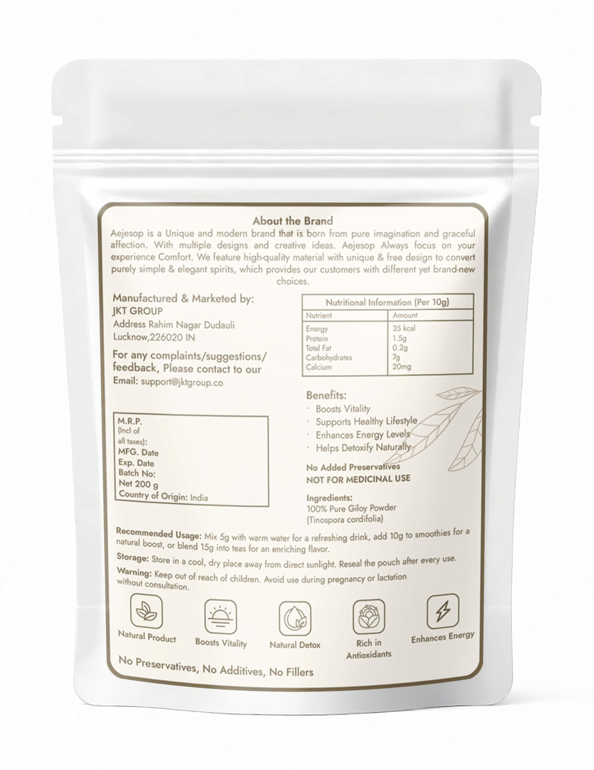 AEJESOP Tinospora Cordifolia herbal supplement showing detailed ingredient text and purity labels