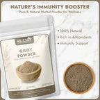 Back label of AEJESOP Guduchi stem powder pouch highlighting wellness benefits and dietary information