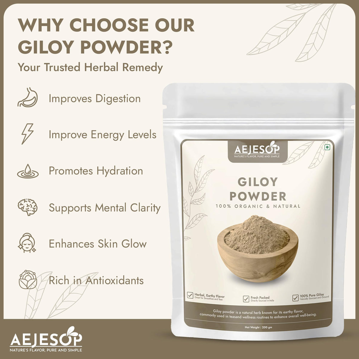 AEJESOP natural immunity booster powder pouch sitting upright on a clean wellness surface