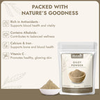 Close-up view of the secure seal and lifestyle branding on the AEJESOP Giloy 200 grams pouch