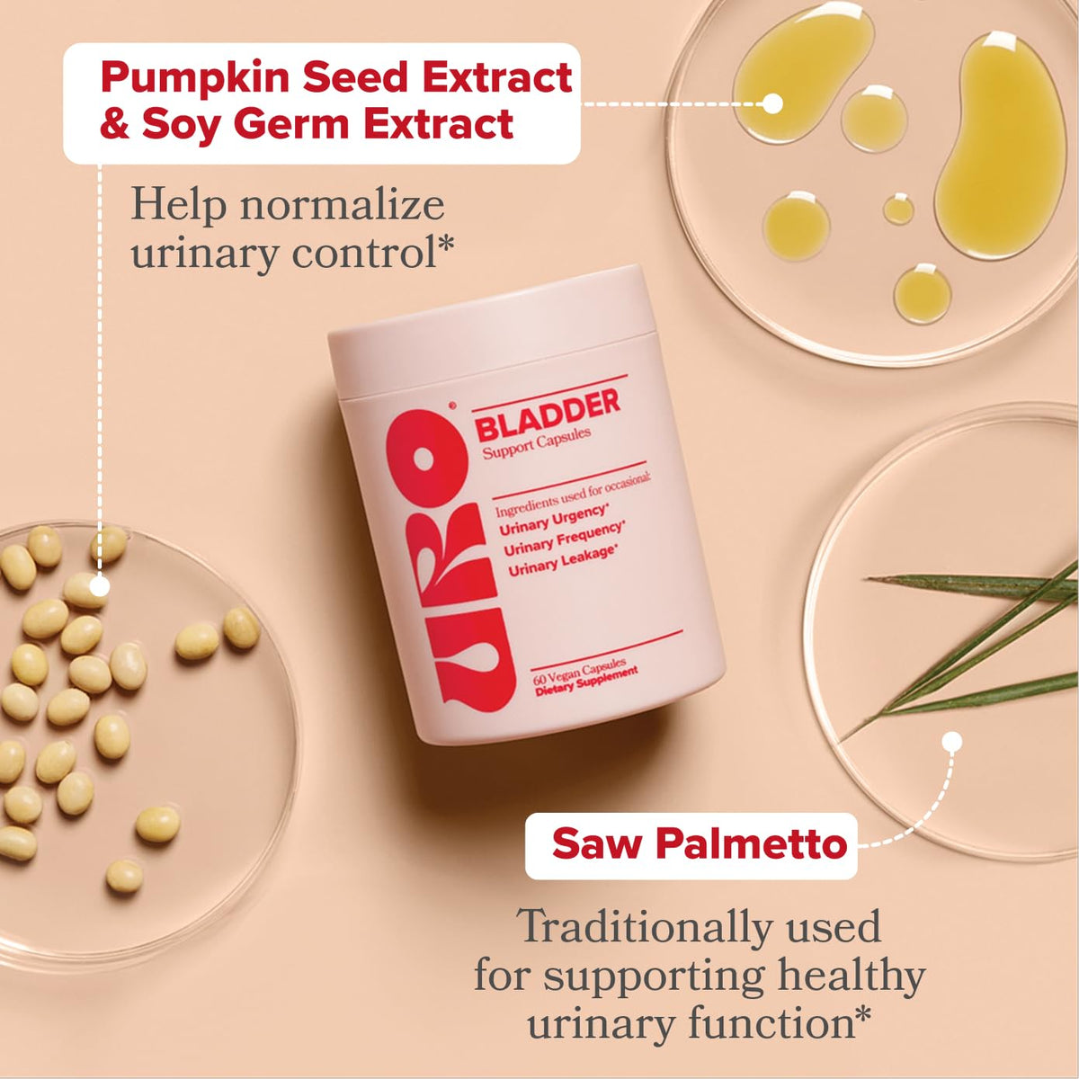 O Positiv URO vegan capsules spilled next to the bottle highlighting the premium dietary formula.