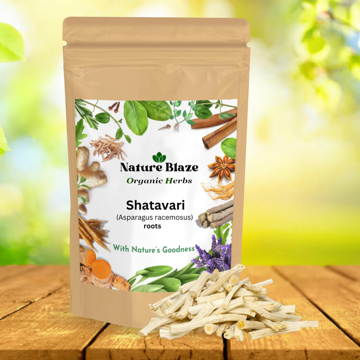 Back of Nature Blaze Shatavari pouch showing pure botanical ingredients and usage guidelines.