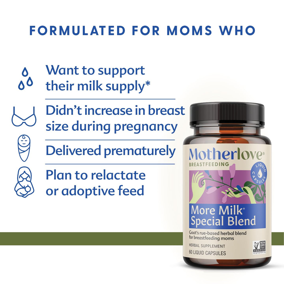 Motherlove lactation supplement bottle showing organic ingredients for breast milk production