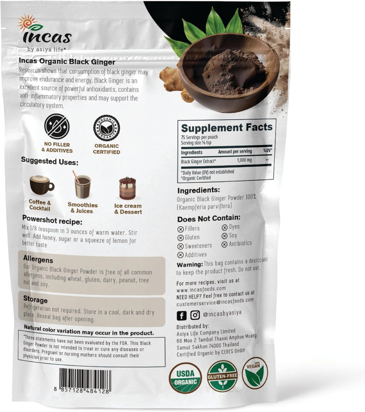 Thai black ginger fine powder showing texture and rich dark color
