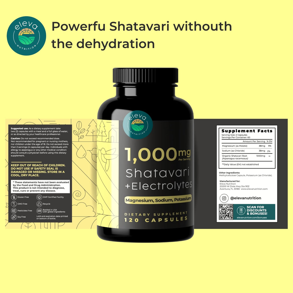 Vegan gluten free Shatavari capsules featuring magnesium and potassium.