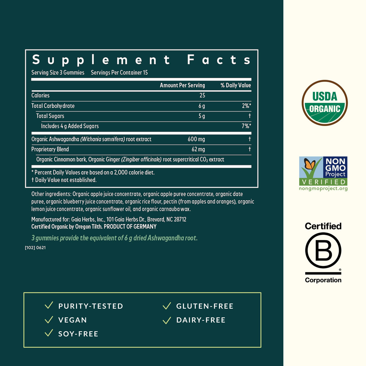Certified USDA Organic vegan ashwagandha gummies for healthy cortisol balance.