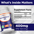 Vitamatic Peppermint Oil Gel packaging detailing 550mg herbal blend supplement facts