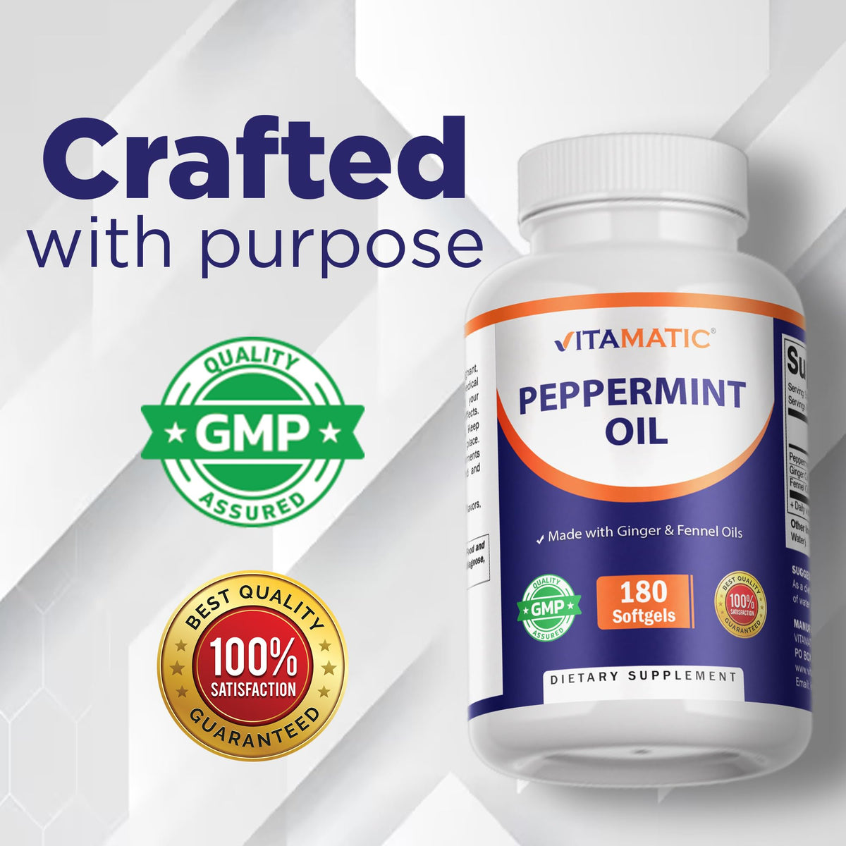 Vitamatic gastrointestinal wellness supplement showing Good Manufacturing Practice certified seal