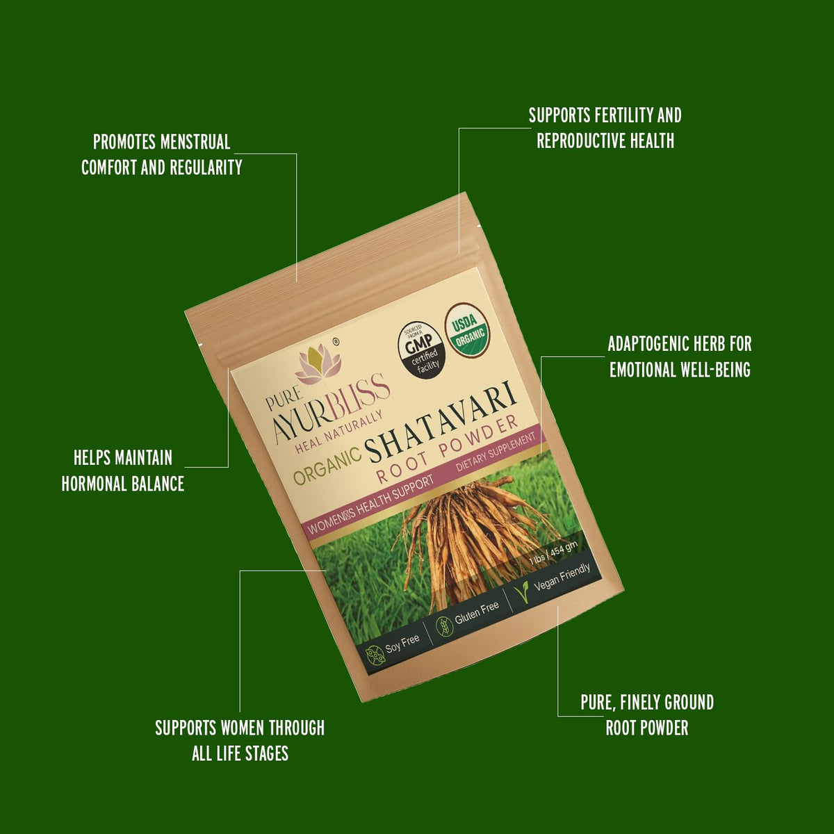 Gluten free and vegan Shatavari root powder nutrition label close up