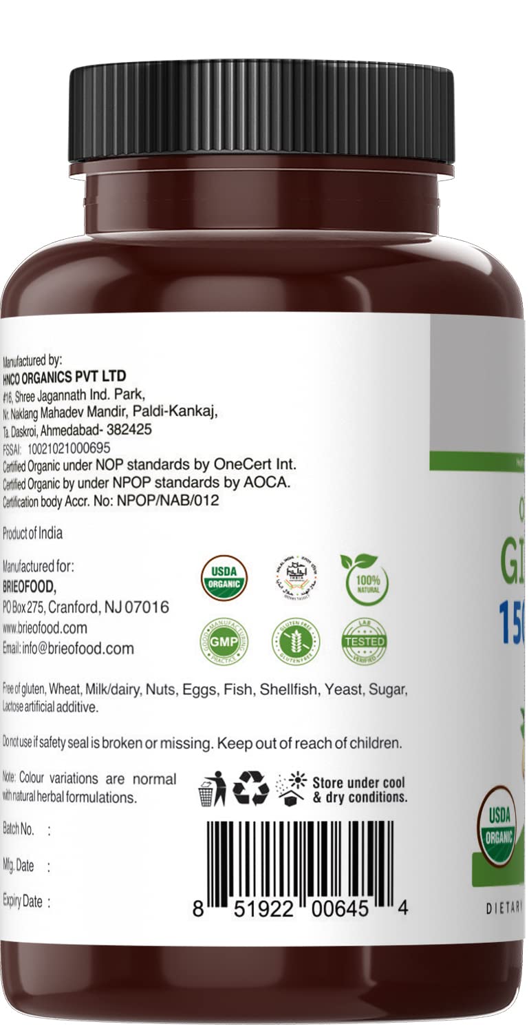 Brieofood Organic Ginger United States manufactured health supplement bottle with allergen free labels