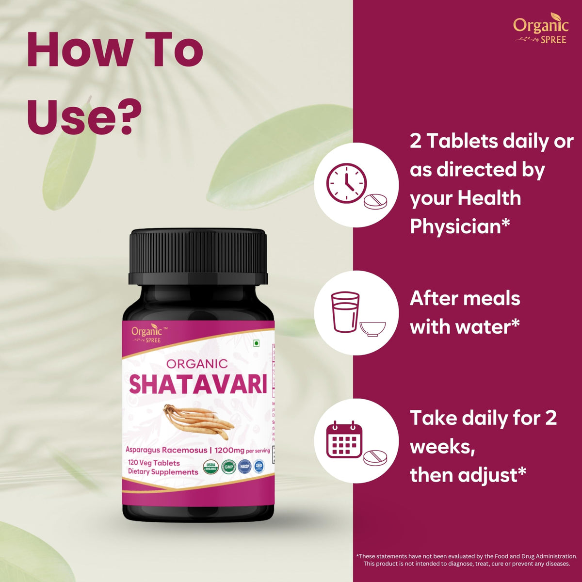 Side view of Organic Spree Shatavari vegetarian tablets container highlighting the clean vegan formulation details