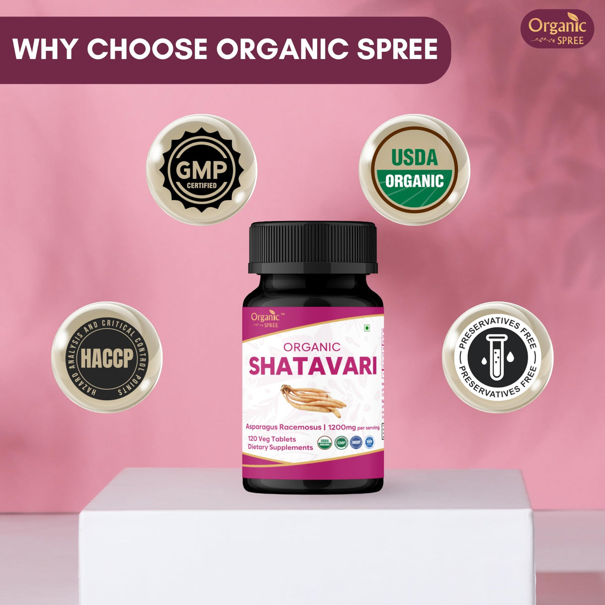 Organic Spree Shatavari dietary supplement bottle placed upright to view the complete product description label