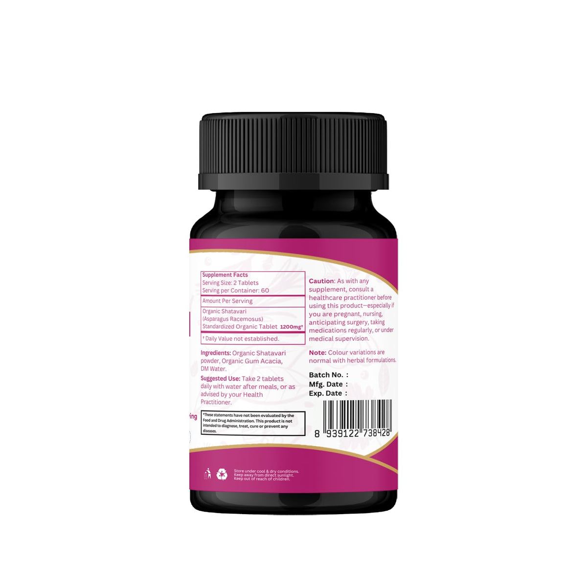 Organic Spree Shatavari 120 vegetarian tablets container showing safe outer sealing and batch tracking code