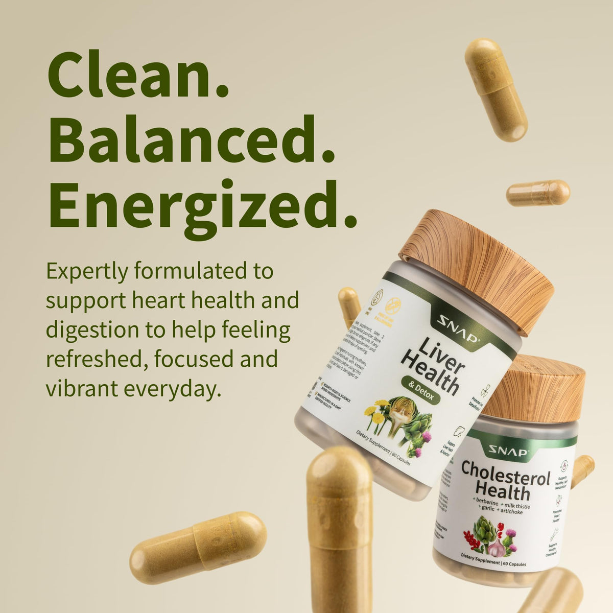 Close-up of the supplement labels emphasizing the sixty capsule count for each formula.