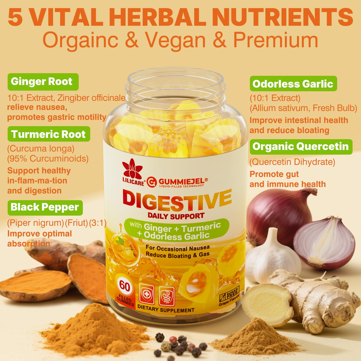 Liquid filled ginger and garlic dietary supplement bottle side panel facts.