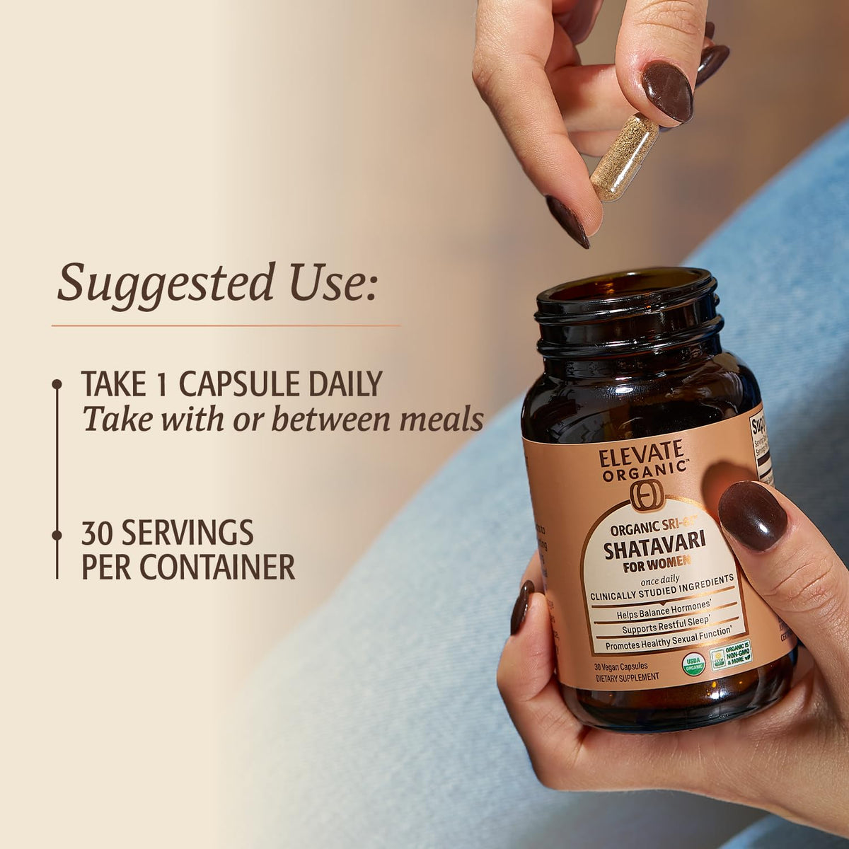 Premium clinically studied organic Shatavari pills packaging highlighting 30 servings