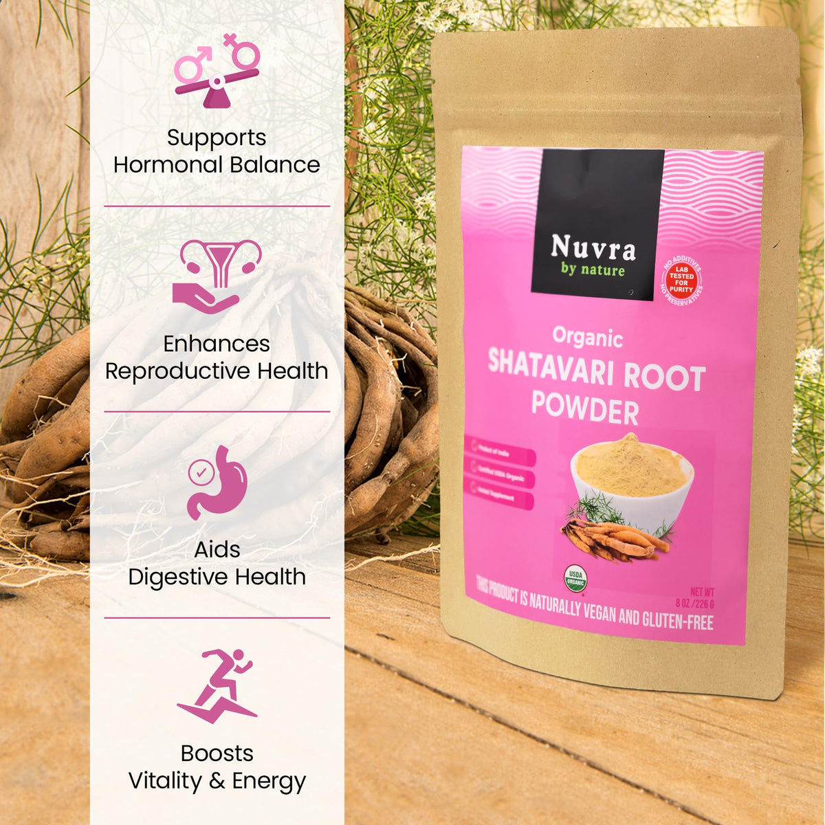 Premium vegan and gluten free Shatavari root powder back label showing supplement facts