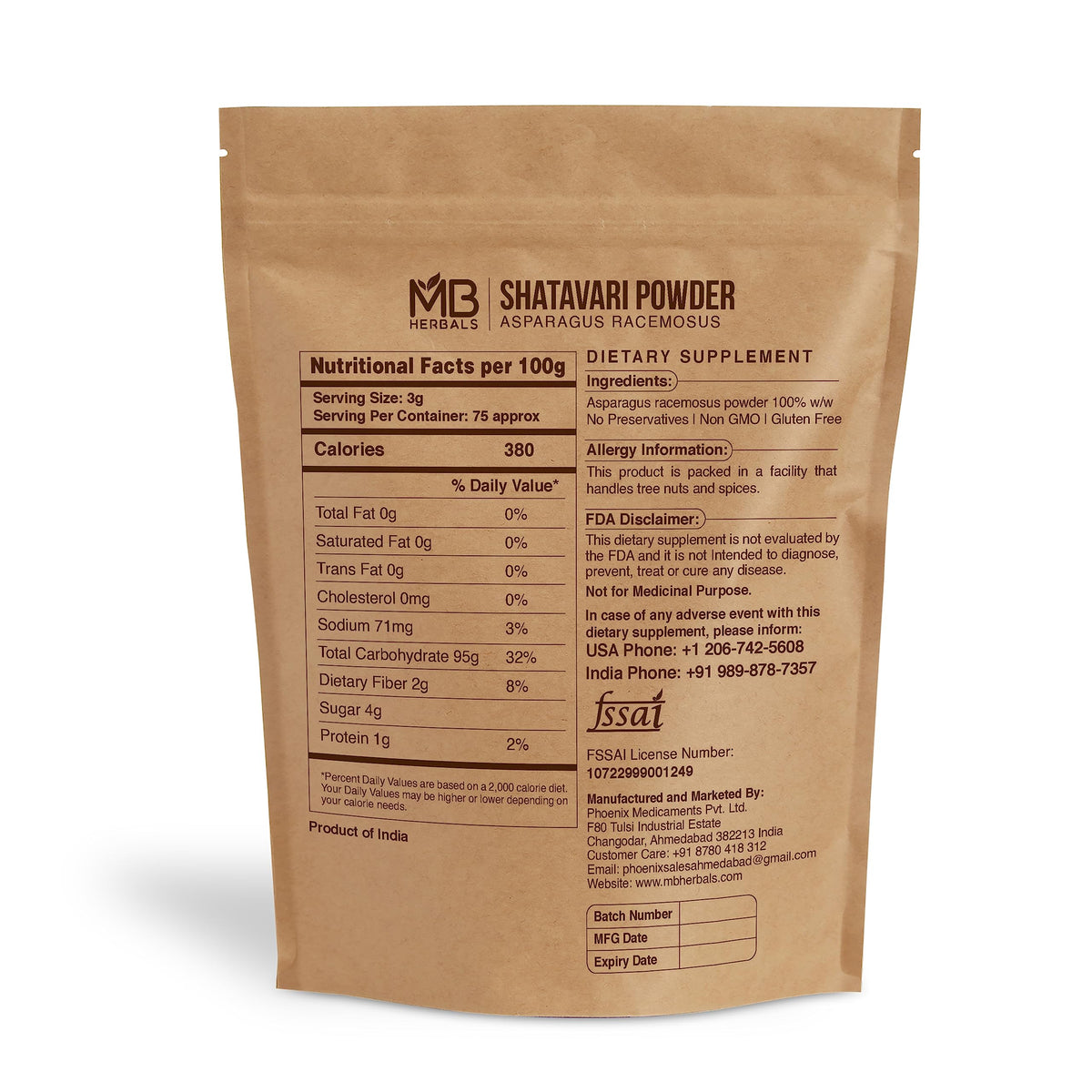 MB Herbals Shatavari Powder packaging details and organic ingredient information