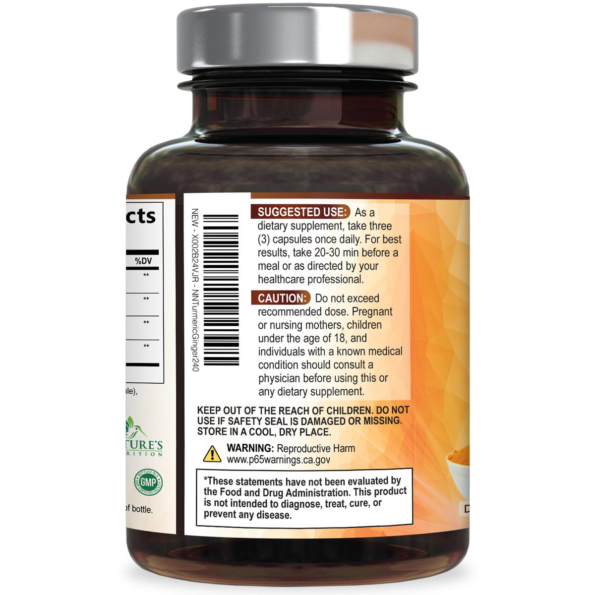 Nature's Nutrition Turmeric Curcumin side profile view highlighting 95 percent standardized curcuminoids