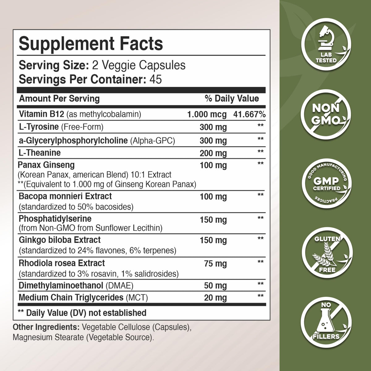 Gade Nutrition brain supplement 90 veggie caps dietary facts panel