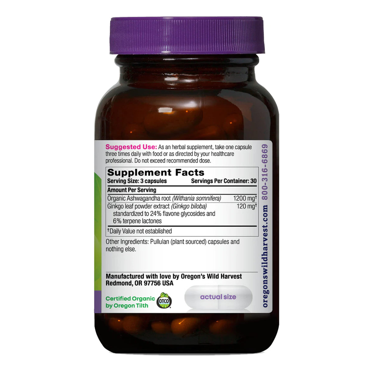 Organic Ashwagandha root and Ginkgo leaf extract non-GMO capsules for mental clarity.
