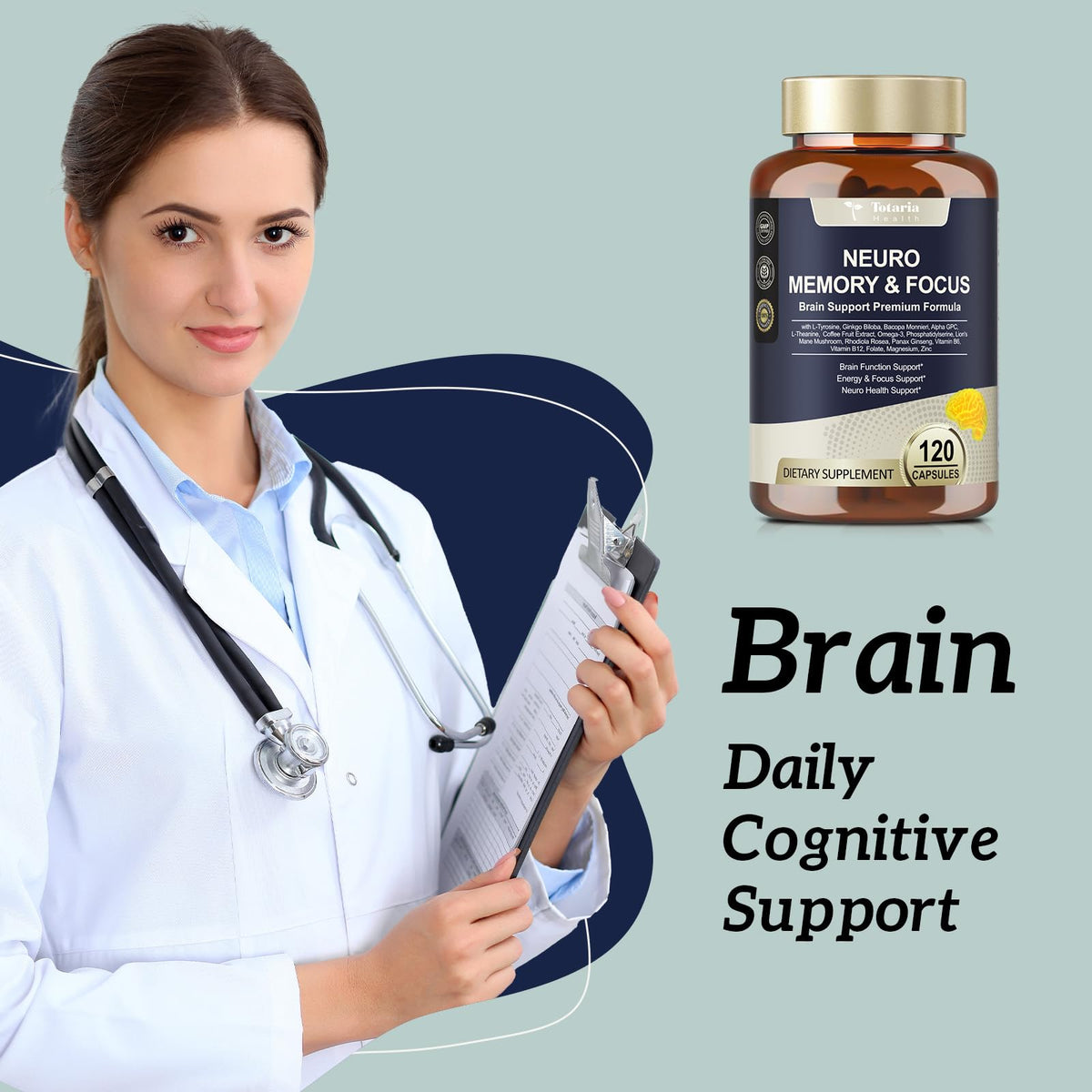 Totaria brain supplements showing USA imported premium packaging seals.