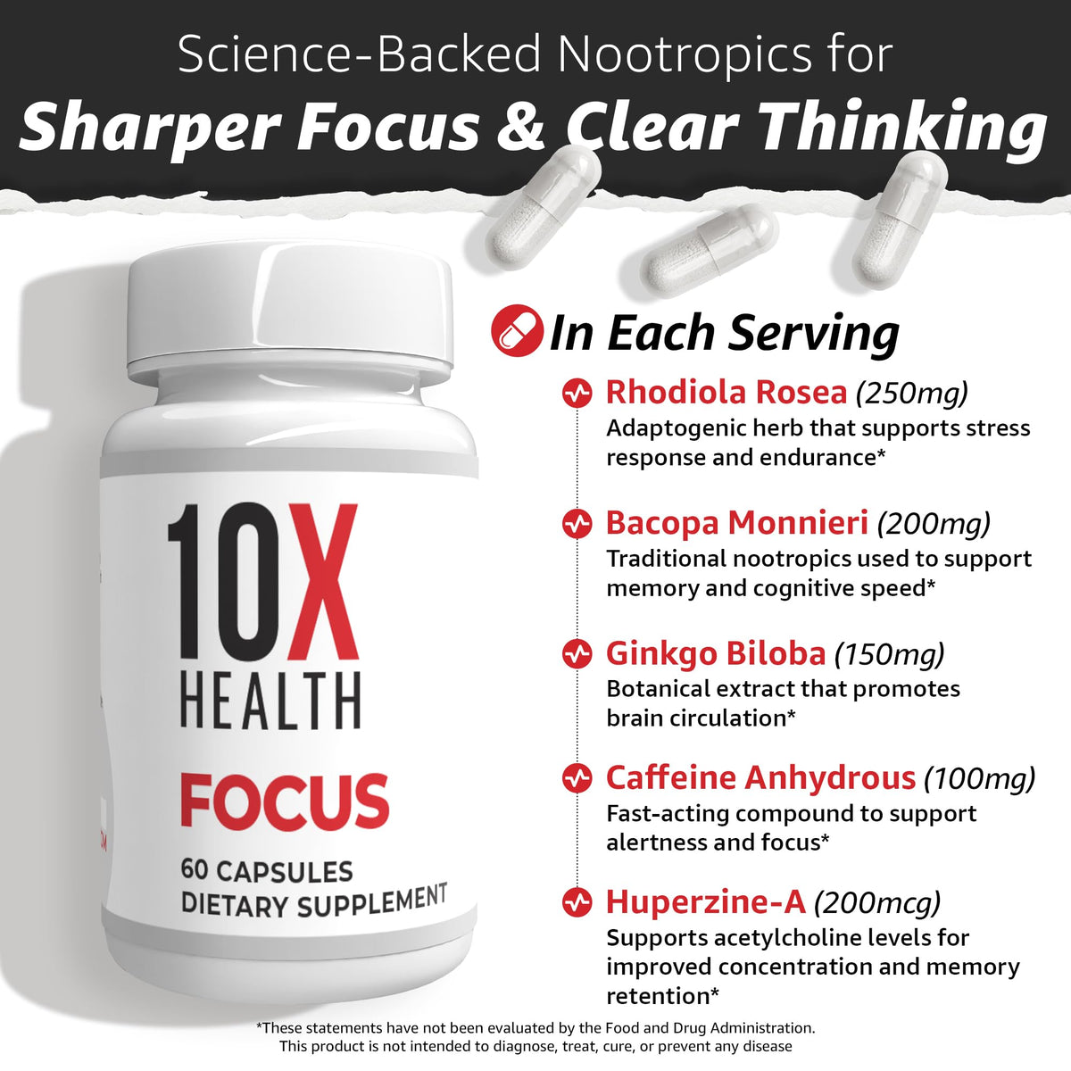 Authentic USA imported 10X Health Focus brain energy supplement bottle