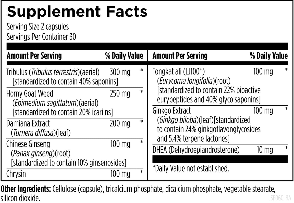 Designs for Health LibidoStim F ingredient label detailing Tribulus, DHEA, and Ginkgo Biloba amounts.