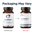 Designs for Health LibidoStim F vegetarian capsules shown next to the original bottle packaging.