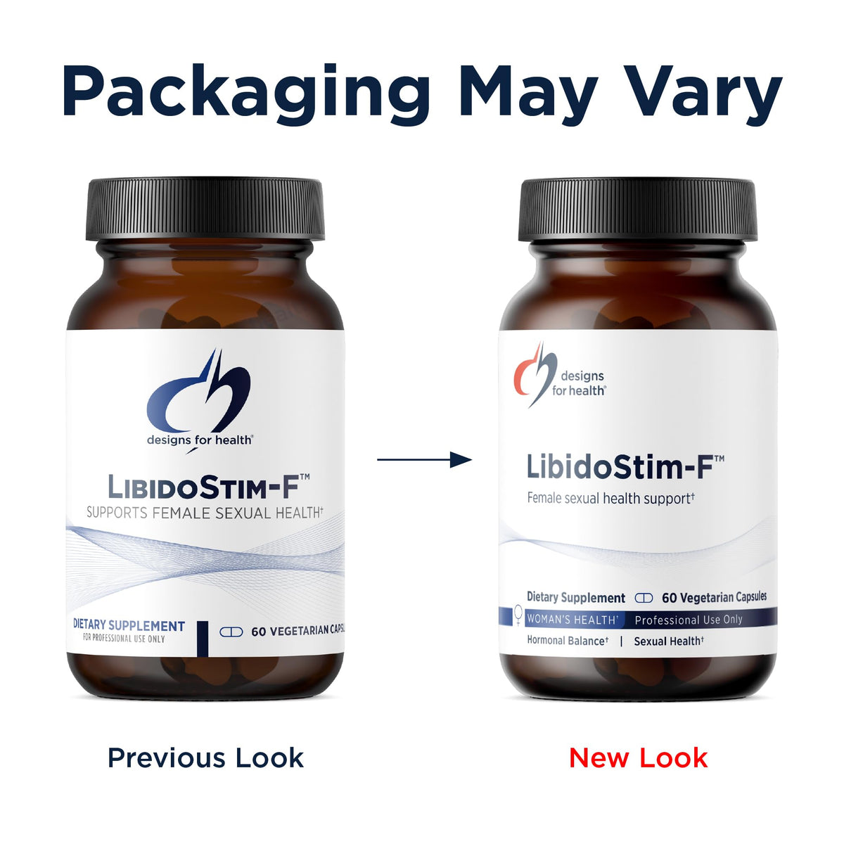 Designs for Health LibidoStim F vegetarian capsules shown next to the original bottle packaging.
