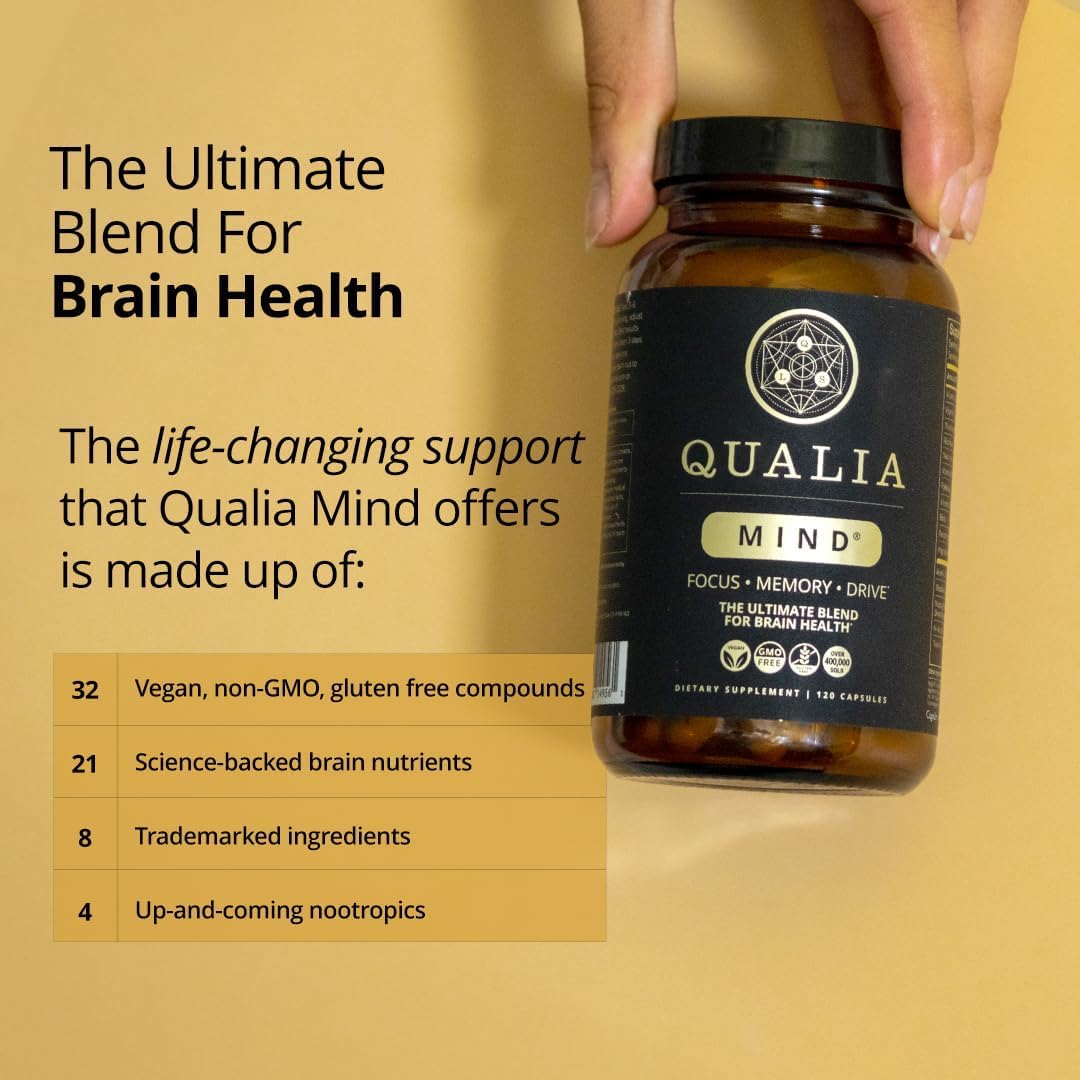 Qualia Mind premium nootropic for mental performance showing supplement facts list and dosage details