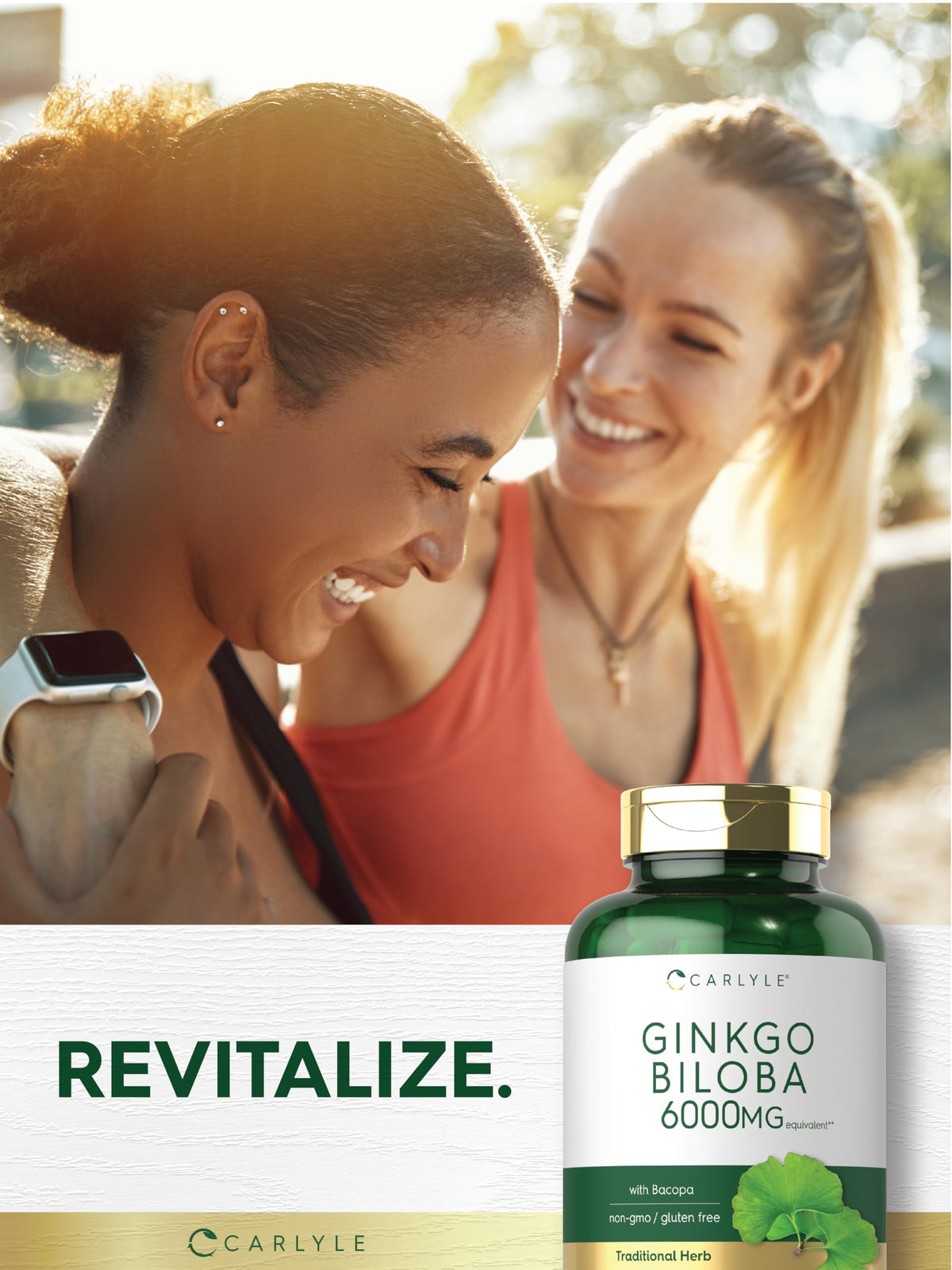 Gluten-free and allergen-free certifications on the Carlyle 6000mg capsule bottle packaging