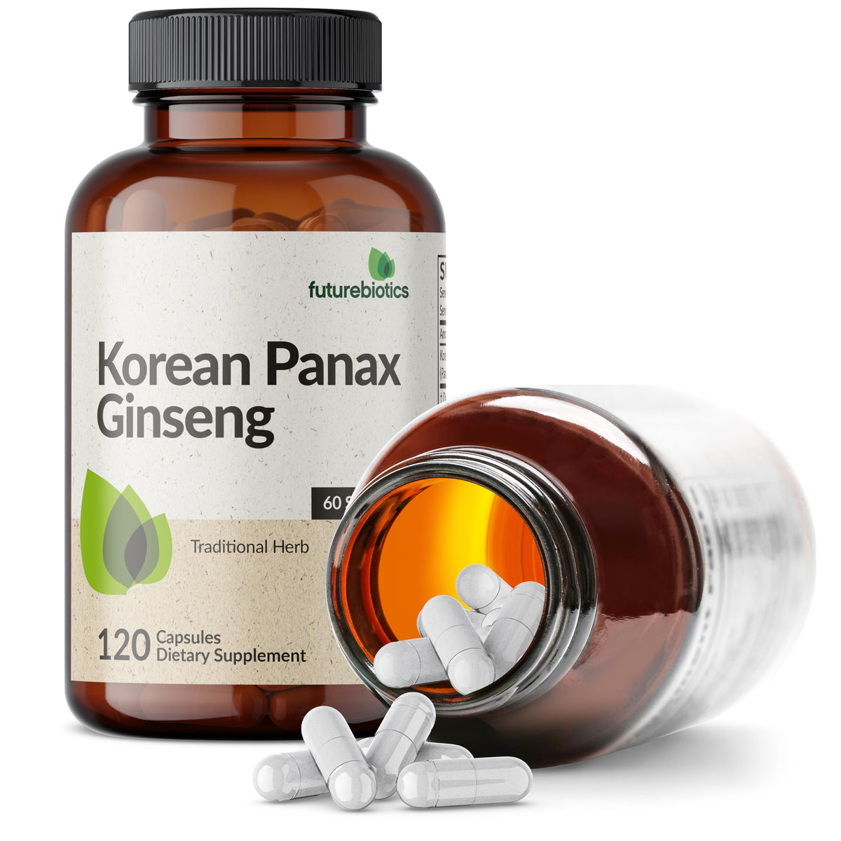 Futurebiotics Korean Panax Ginseng bottle side view showing ingredients