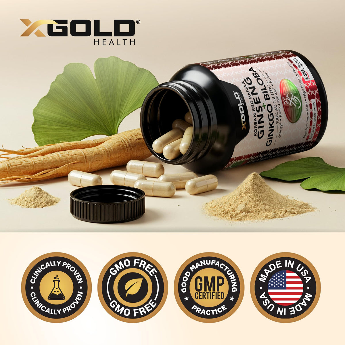 Back of X Gold Health bottle showing manufacturing and GMP certification