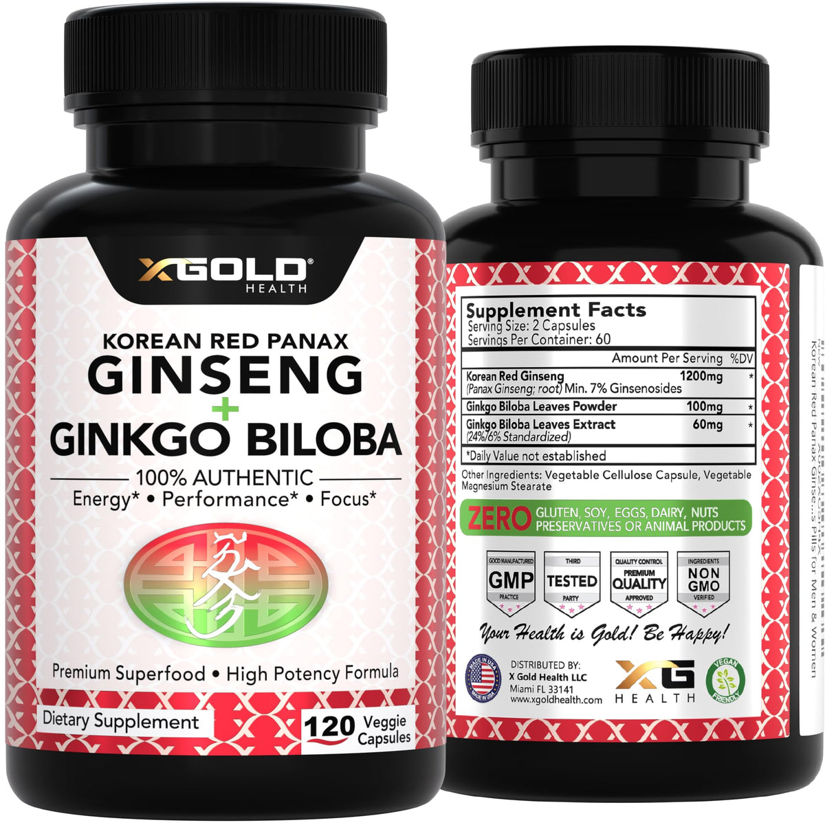 Group shot of X Gold Health 120 capsules supplement bottle