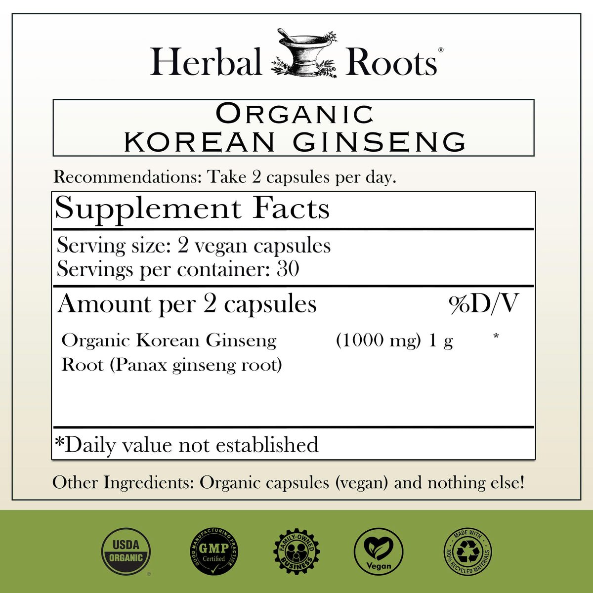 Herbal Roots Panax Ginseng 60 vegan capsules bottle