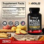 Close up of X Gold Health supplement label showing 10000mg Maca and 1400mg Ginseng