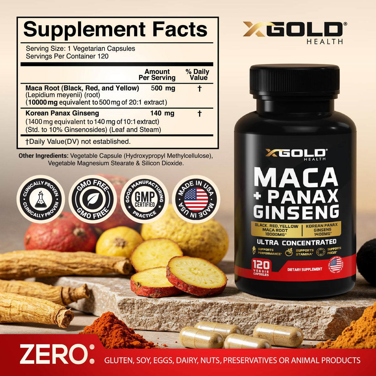 Close up of X Gold Health supplement label showing 10000mg Maca and 1400mg Ginseng