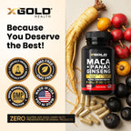 Side view of X Gold Health Maca and Panax Ginseng capsules bottle