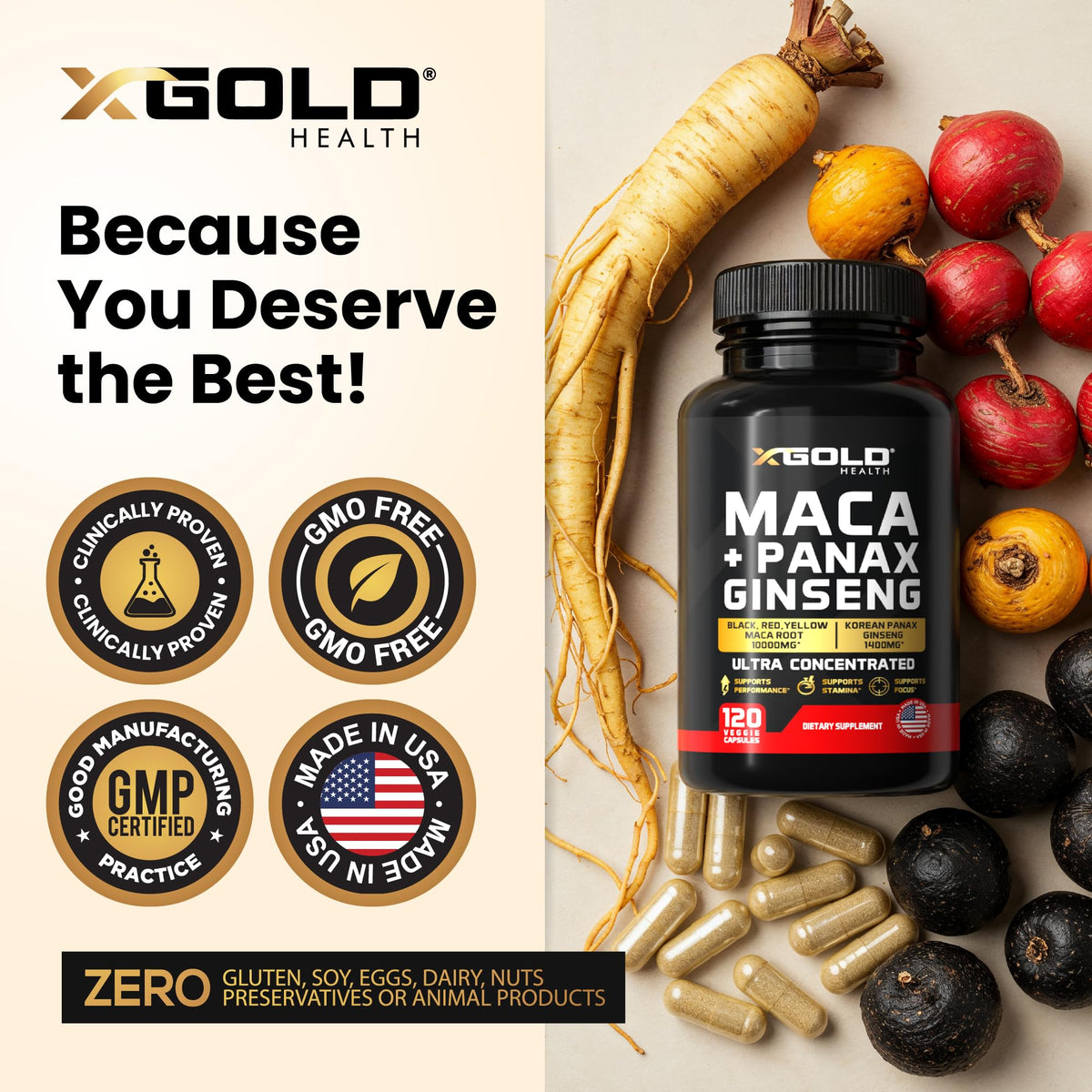Side view of X Gold Health Maca and Panax Ginseng capsules bottle