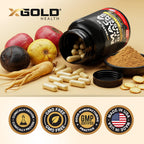 Top view of X Gold Health supplement packaging showing safety seal