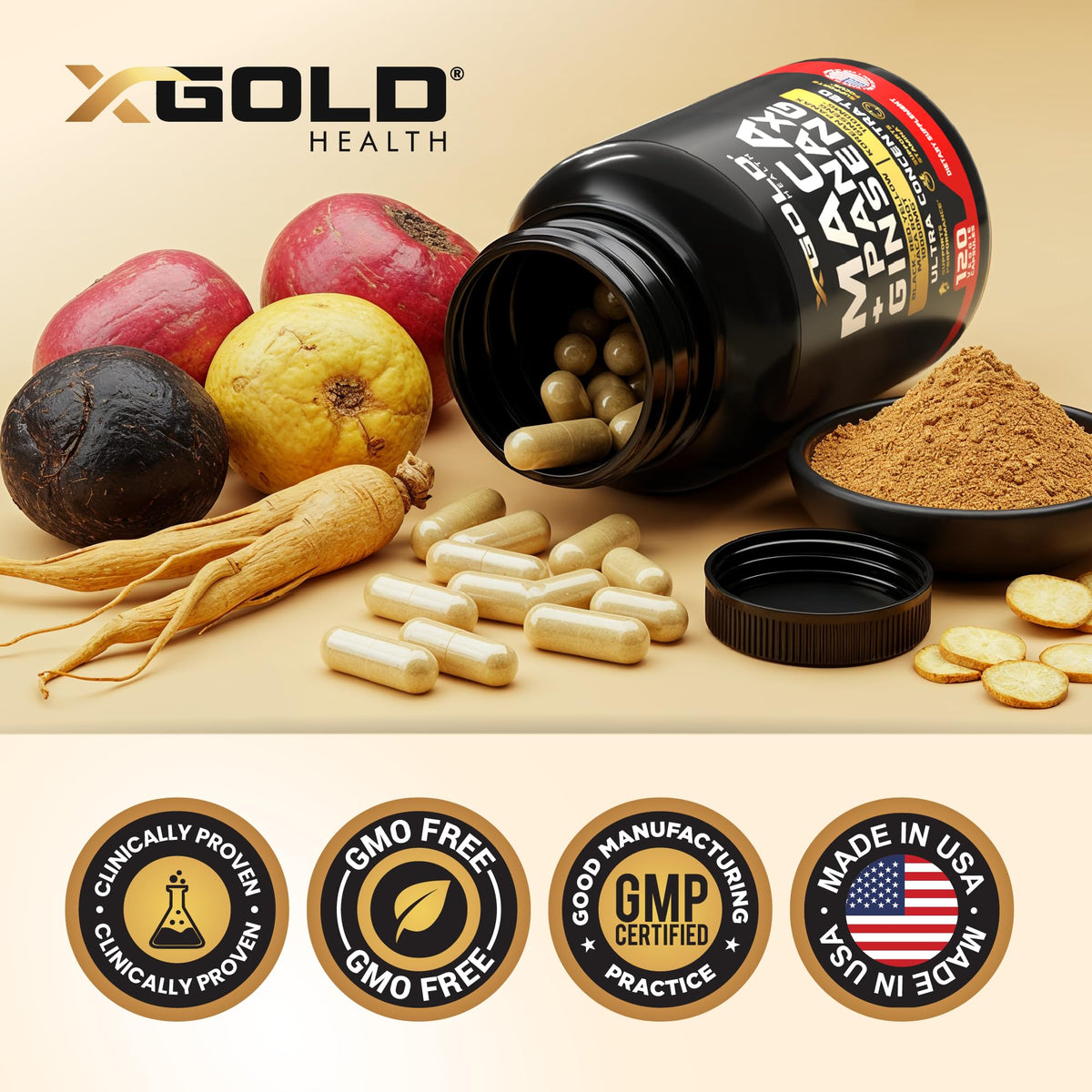 Top view of X Gold Health supplement packaging showing safety seal