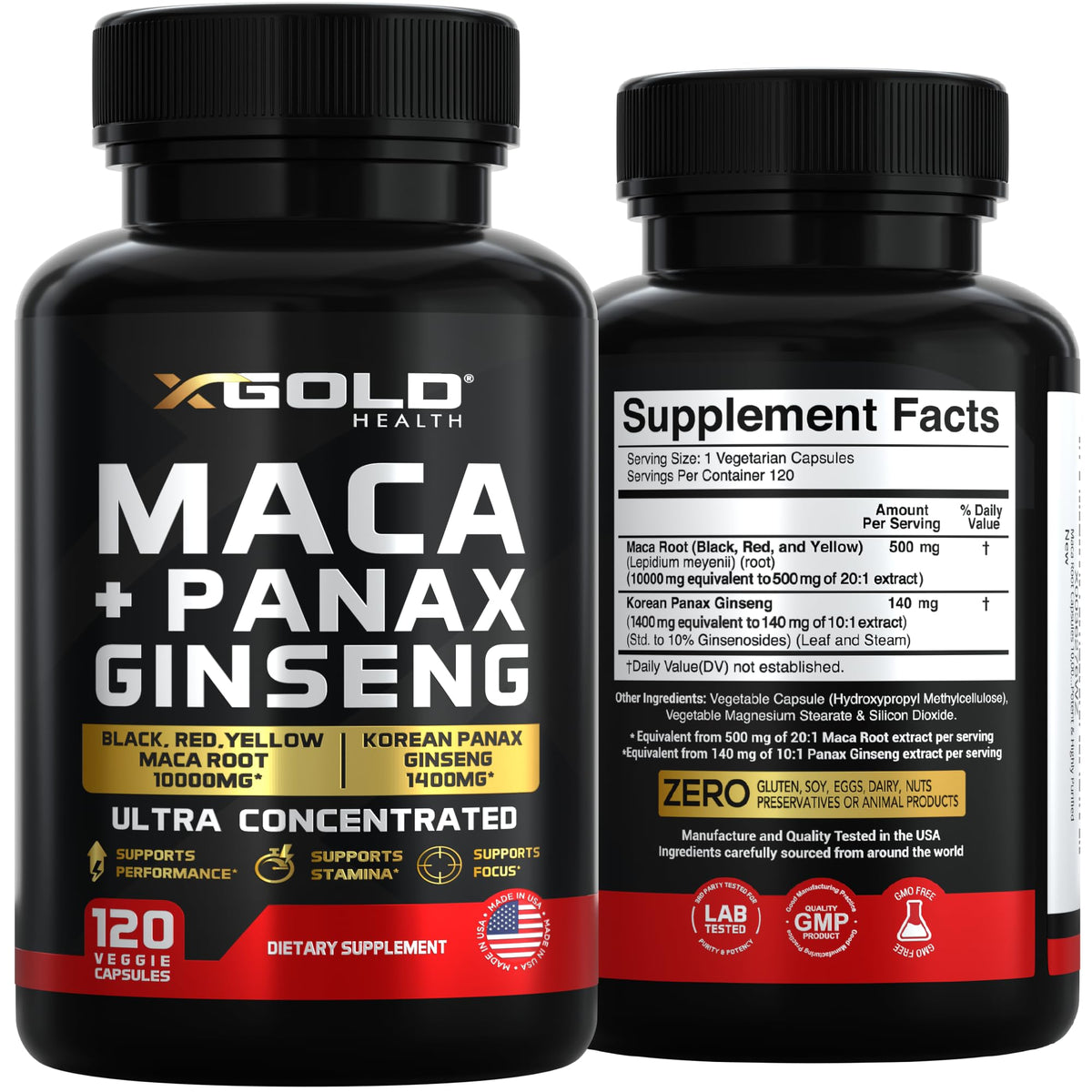 Authentic USA imported X Gold Health Maca Root and Ginseng dietary supplement