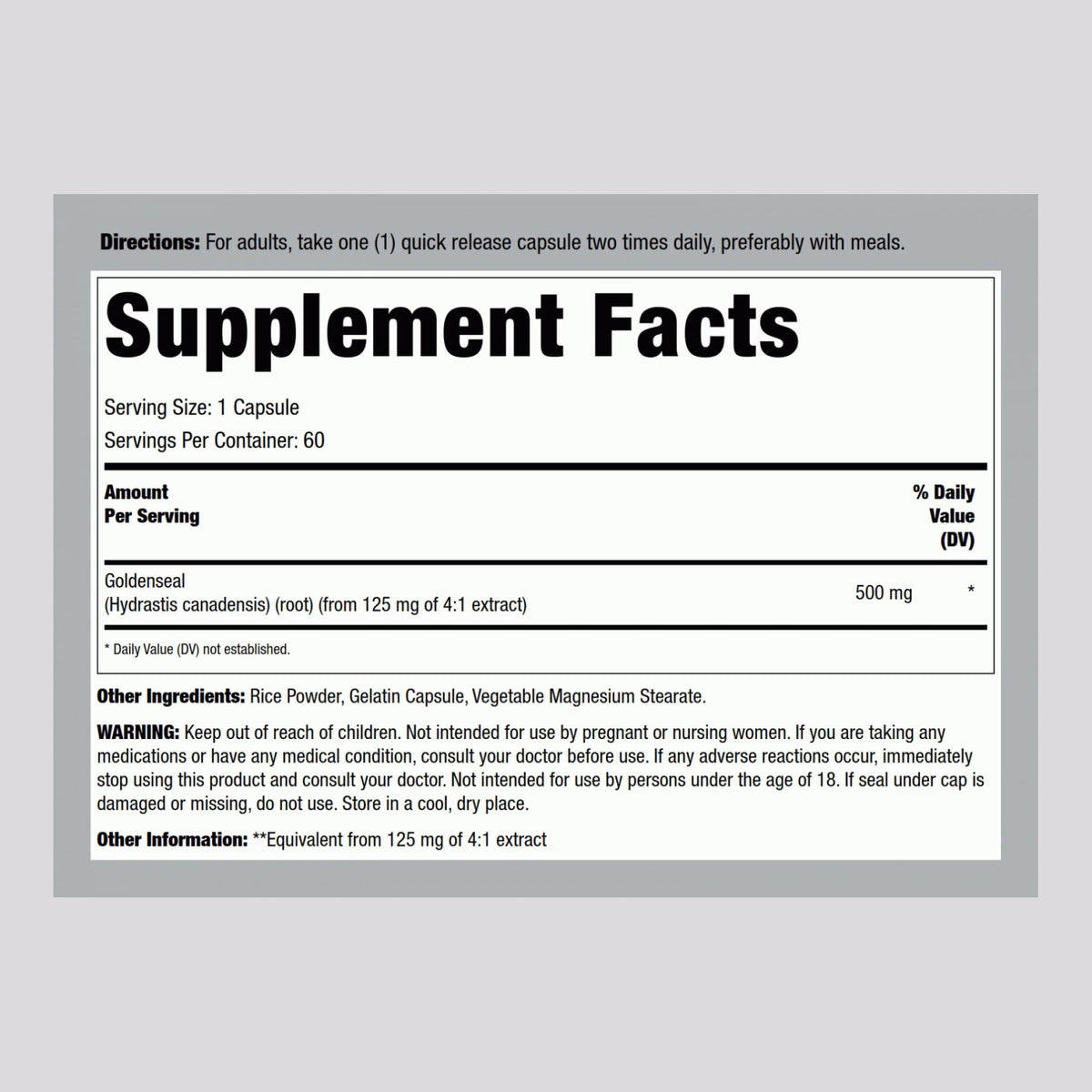 Lindberg Goldenseal Root 60 quick release capsules showing authentic imported label information