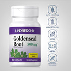 Side view of Lindberg Goldenseal supplement bottle highlighting non-GMO and gluten-free seals