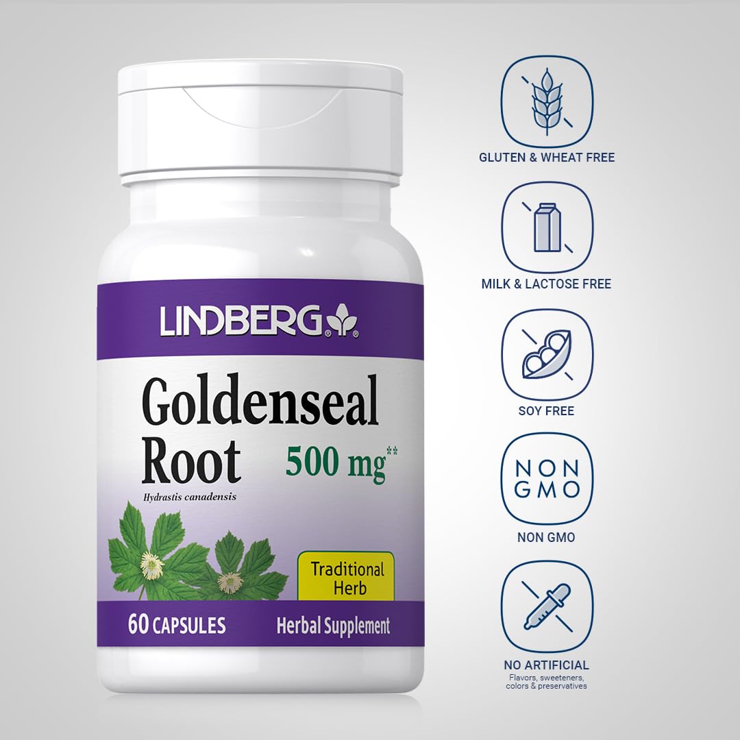 Side view of Lindberg Goldenseal supplement bottle highlighting non-GMO and gluten-free seals