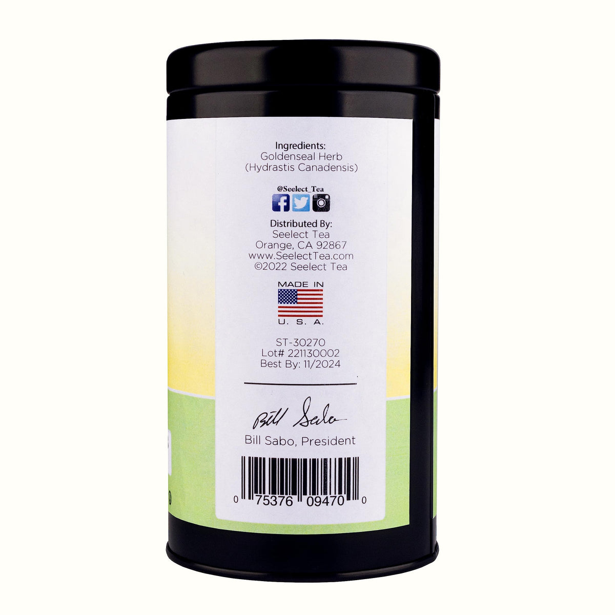 Seelect Goldenseal yellow orange steeped tea mug with white flower label illustration details