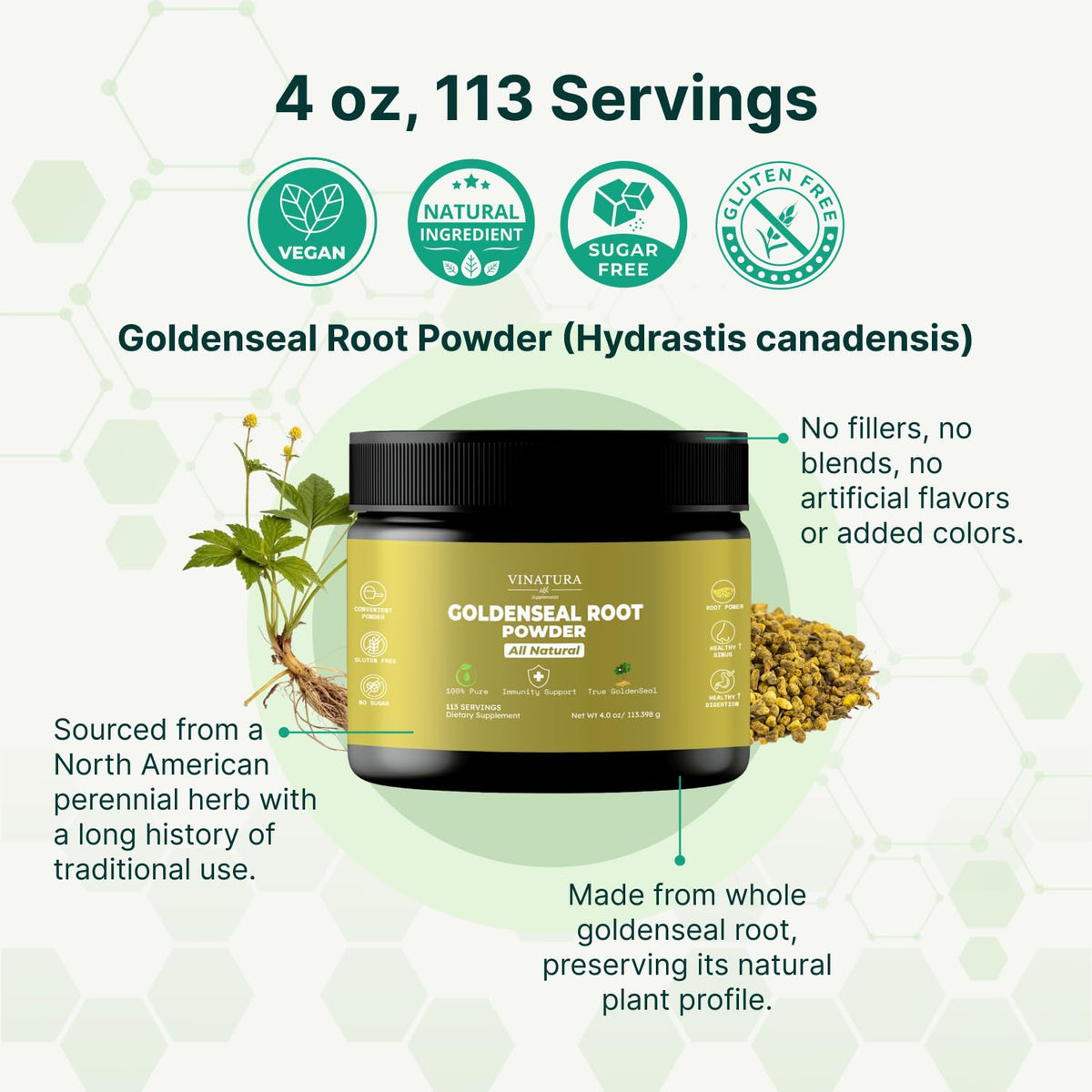 Close up of pure goldenseal root powder texturized details beside its container